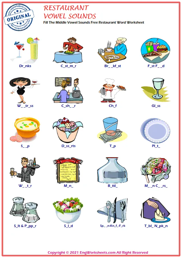 Fill The Middle Vowel Sounds Free Restaurant Word Worksheet