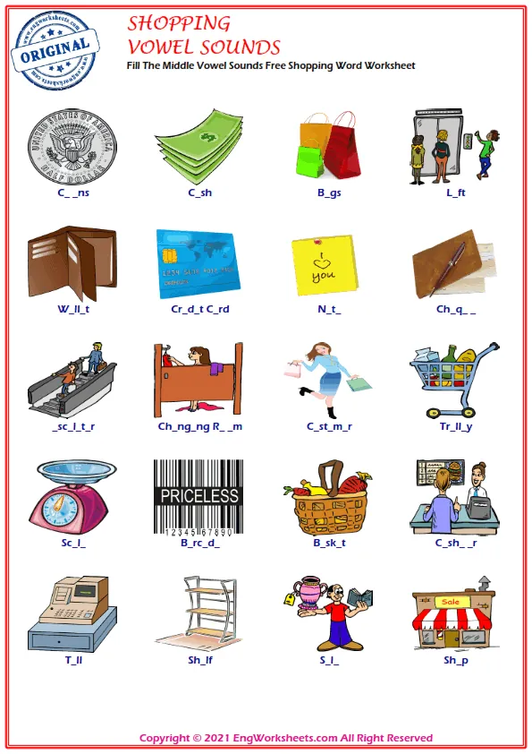 Fill The Middle Vowel Sounds Free Shopping Word Worksheet Worksheet Preview