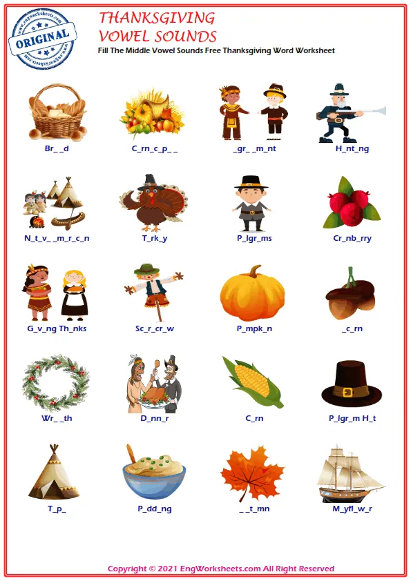 Fill The Middle Vowel Sounds Free Thanksgiving Word Worksheet Worksheet Preview