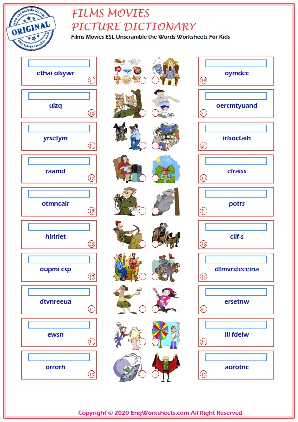 Films Movies ESL Unscramble the Words Worksheets For Kids