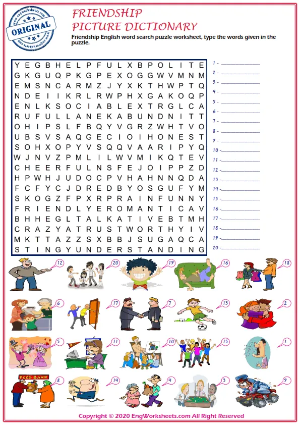 Friendship English word search puzzle worksheet, type the words given in the puzzle. Worksheet Preview