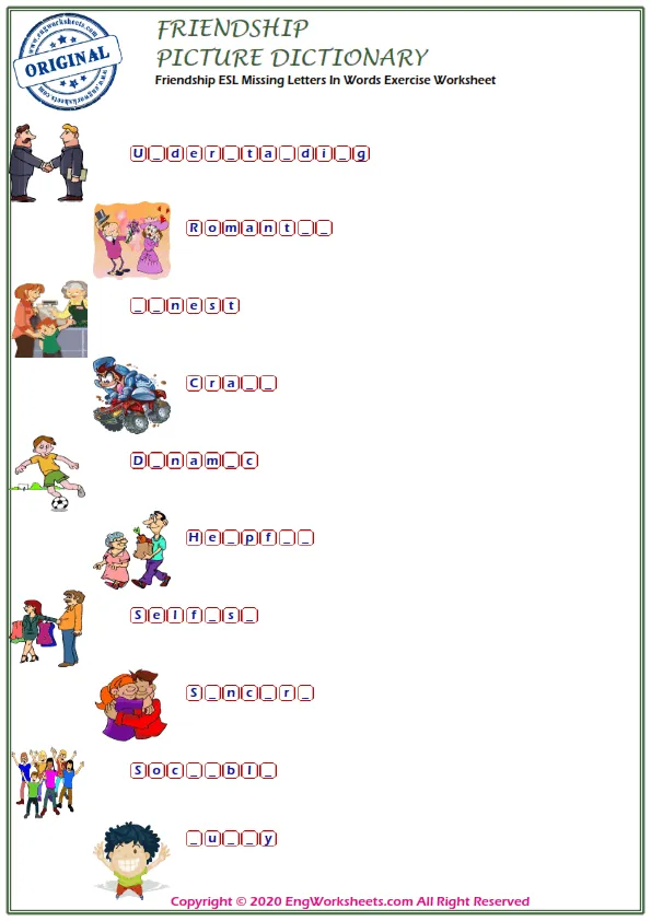 Friendship ESL Missing Letters In Words Exercise Worksheet Worksheet Preview