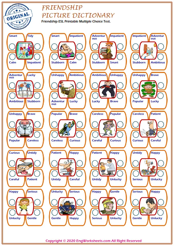 Friendship ESL Printable Multiple Choice Test. Worksheet Preview