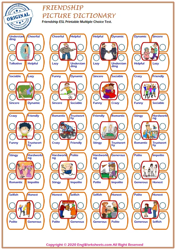 Friendship ESL Printable Multiple Choice Test. Worksheet Preview