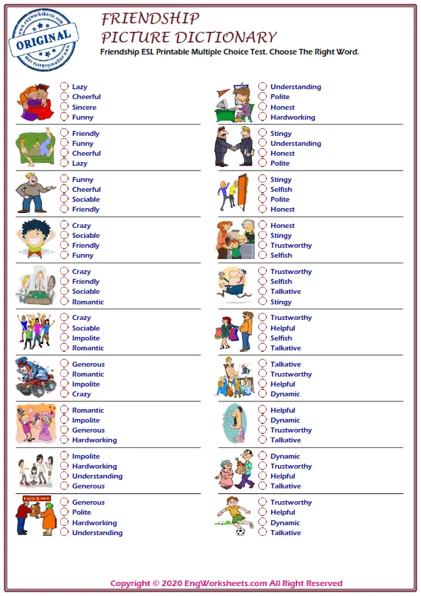 Friendship ESL Printable Multiple Choice Test. Choose The Right Word. Worksheet Preview