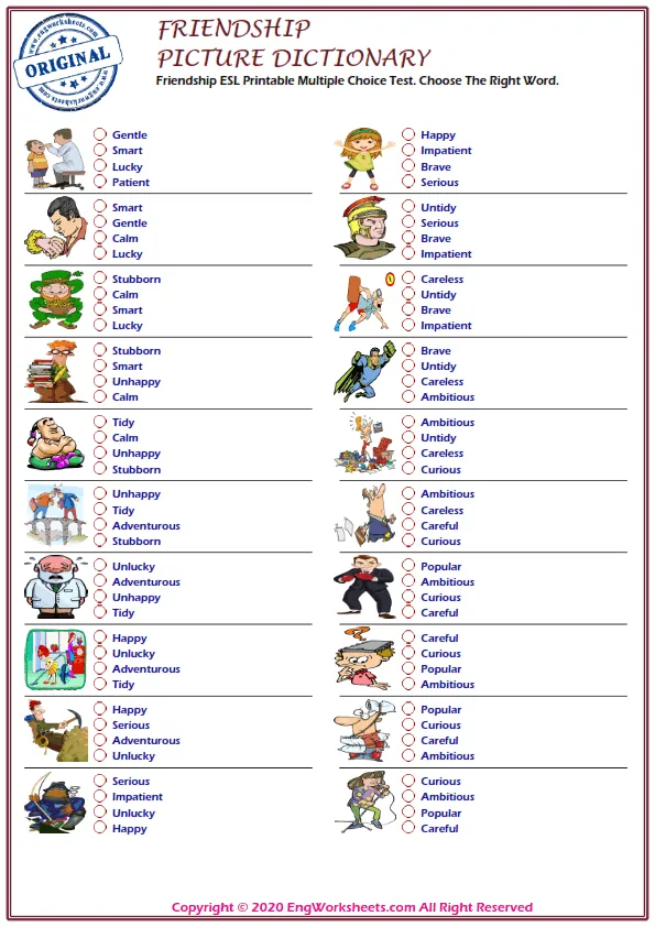 Friendship ESL Printable Multiple Choice Test. Choose The Right Word.