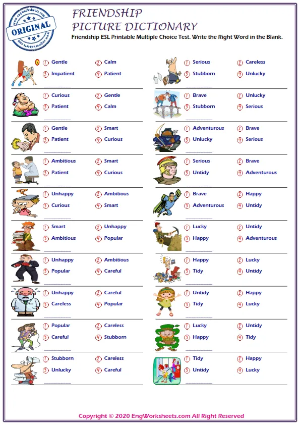 Friendship ESL Printable Multiple Choice Test. Write the Right Word in the Blank.