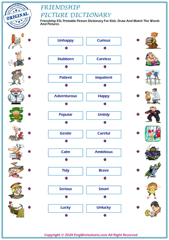 Friendship ESL Printable Picture Dictionary For Kids. Draw And Match The Words And Pictures.
