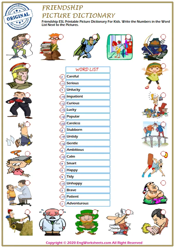 Friendship ESL Printable Picture Dictionary For Kids. Write the Numbers in the Word List Next to the Pictures.