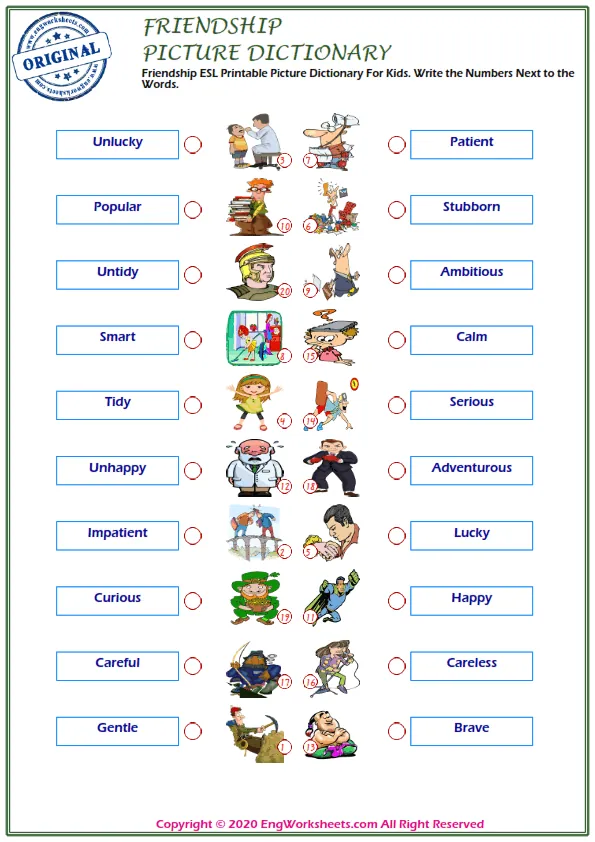 Friendship ESL Printable Picture Dictionary For Kids. Write the Numbers Next to the Words.