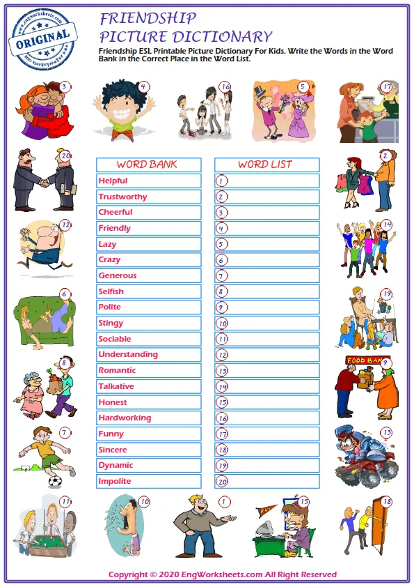 Friendship ESL Printable Picture Dictionary For Kids. Write the Words in the Word Bank in the Correct Place in the Word List. Worksheet Preview