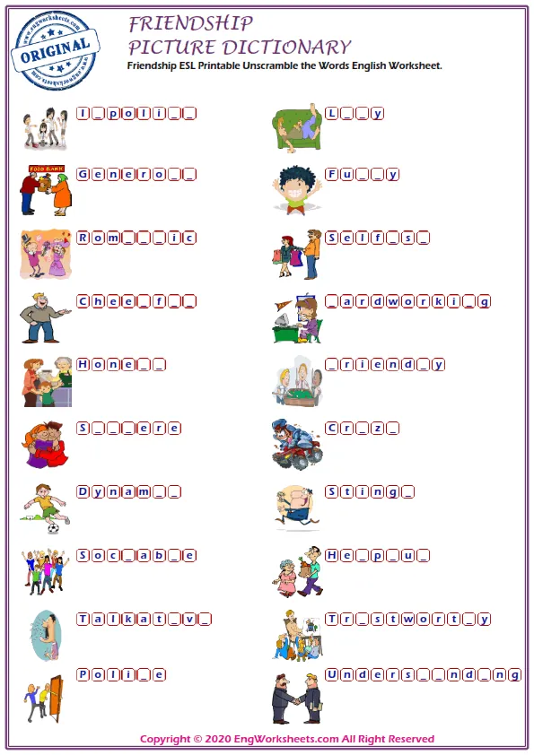 Friendship ESL Printable Unscramble the Words English Worksheet. Worksheet Preview