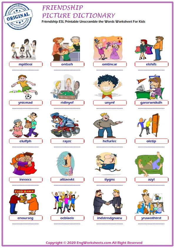 Friendship ESL Printable Unscramble the Words Worksheet For Kids Worksheet Preview
