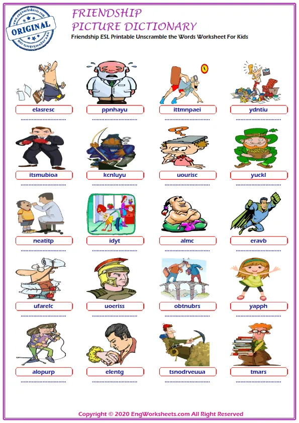 Friendship ESL Printable Unscramble the Words Worksheet For Kids Worksheet Preview