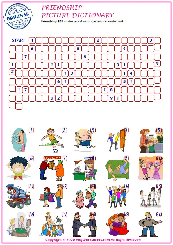 Friendship ESL snake word writing exercise worksheet. Worksheet Preview
