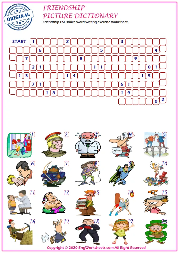 Friendship ESL snake word writing exercise worksheet.