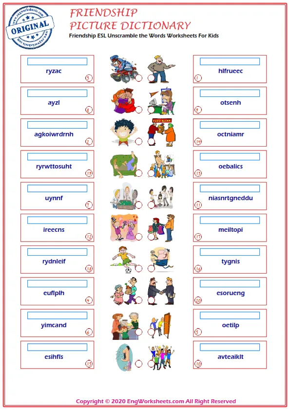 Friendship ESL Unscramble the Words Worksheets For Kids Worksheet Preview