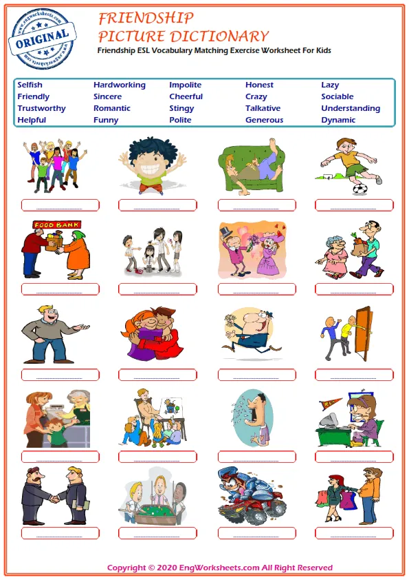 Friendship ESL Vocabulary Matching Exercise Worksheet For Kids Worksheet Preview