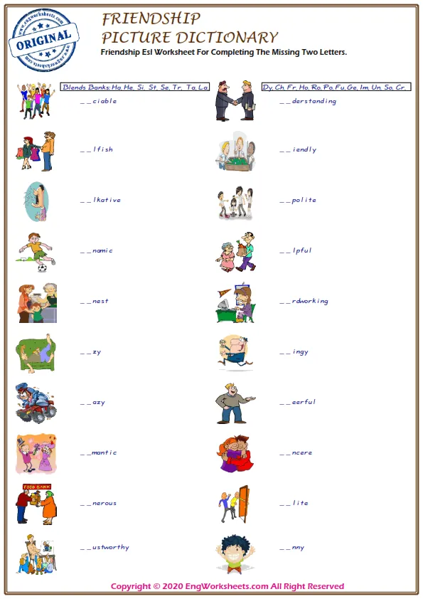 Friendship Esl Worksheet For Completing The Missing Two Letters. Worksheet Preview