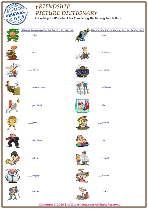 Friendship Esl Worksheet For Completing The Missing Two Letters.