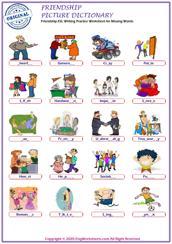 Friendship ESL Writing Practice Worksheet for Missing Words. Worksheet Preview