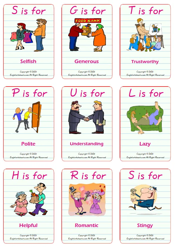 Friendship vocabulary worksheet with words, nine images per page Worksheet Preview