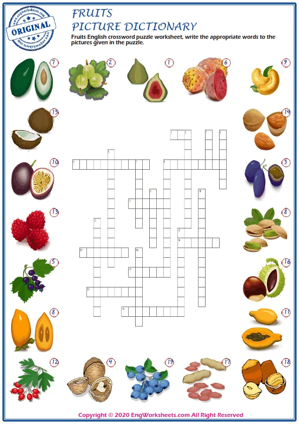 Fruits English crossword puzzle worksheet, write the appropriate words to the pictures given in the puzzle. Worksheet Preview