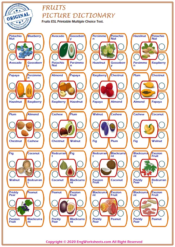 Fruits ESL Printable Multiple Choice Test.