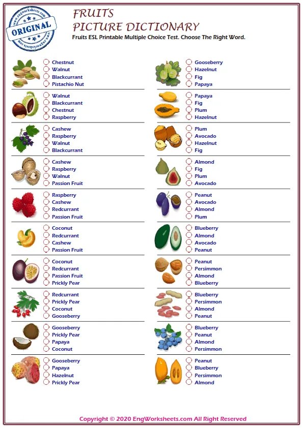 Fruits ESL Printable Multiple Choice Test. Choose The Right Word. Worksheet Preview