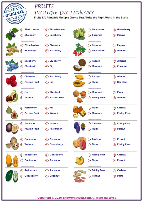 Fruits ESL Printable Multiple Choice Test. Write the Right Word in the Blank. Worksheet Preview