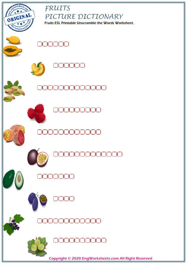 Fruits ESL Printable Unscramble the Words Worksheet. Worksheet Preview