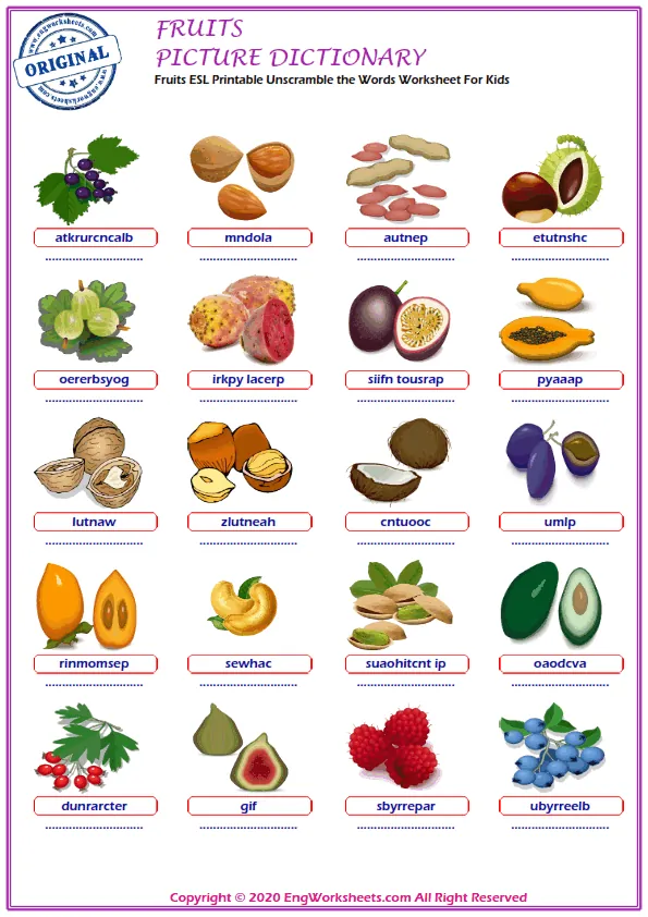 Fruits ESL Printable Unscramble the Words Worksheet For Kids Worksheet Preview