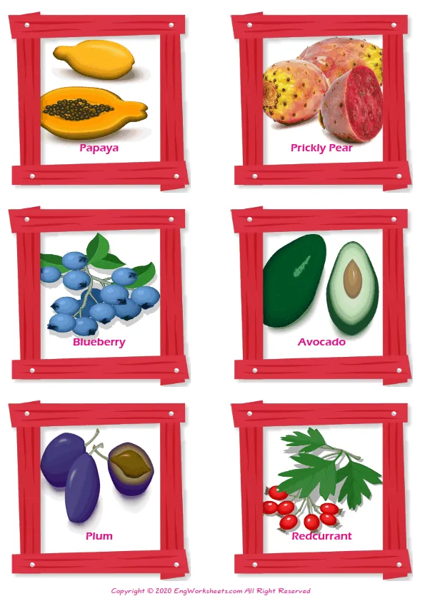 Fruits vocabulary worksheet with words, six images per page Worksheet Preview