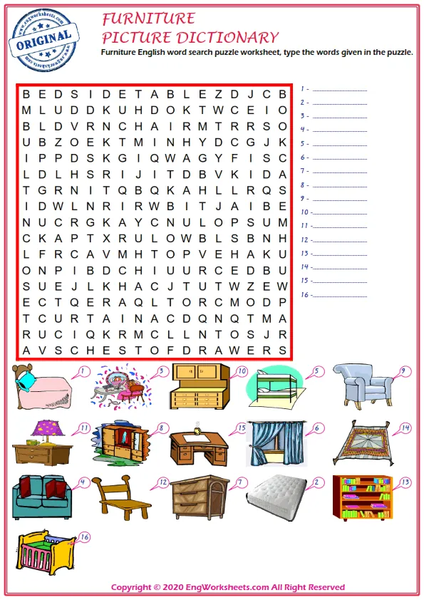 Furniture English word search puzzle worksheet, type the words given in the puzzle. Worksheet Preview