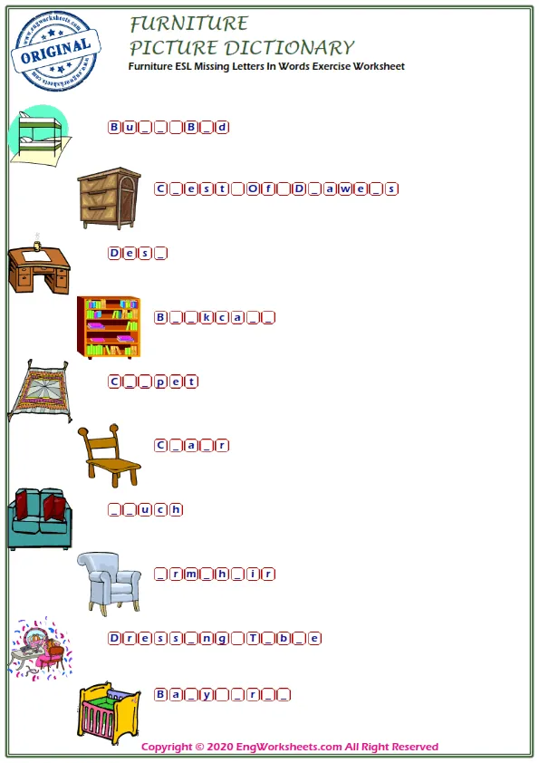 Furniture ESL Missing Letters In Words Exercise Worksheet Worksheet Preview
