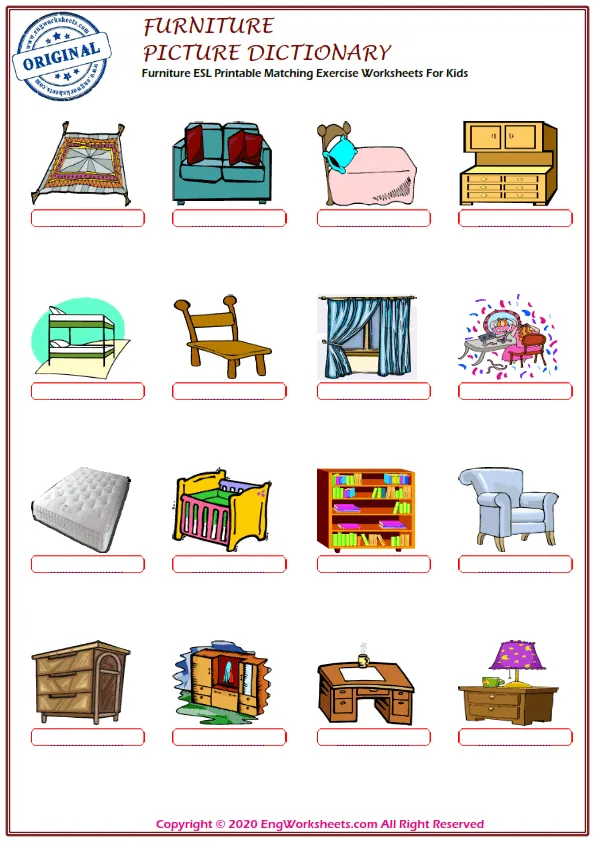 Furniture ESL Printable Matching Exercise Worksheets For Kids Worksheet Preview