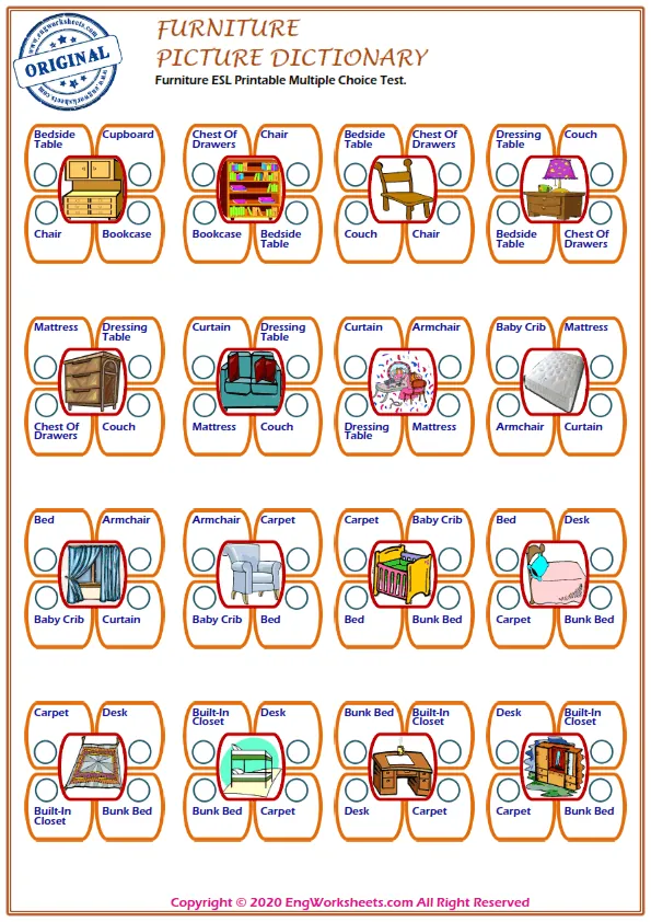 Furniture ESL Printable Multiple Choice Test. Worksheet Preview