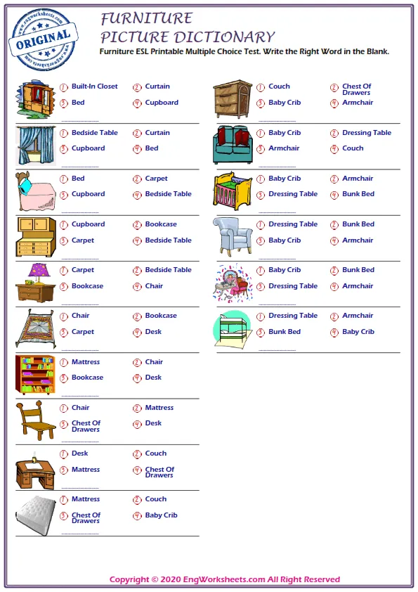 Furniture ESL Printable Multiple Choice Test. Write the Right Word in the Blank. Worksheet Preview
