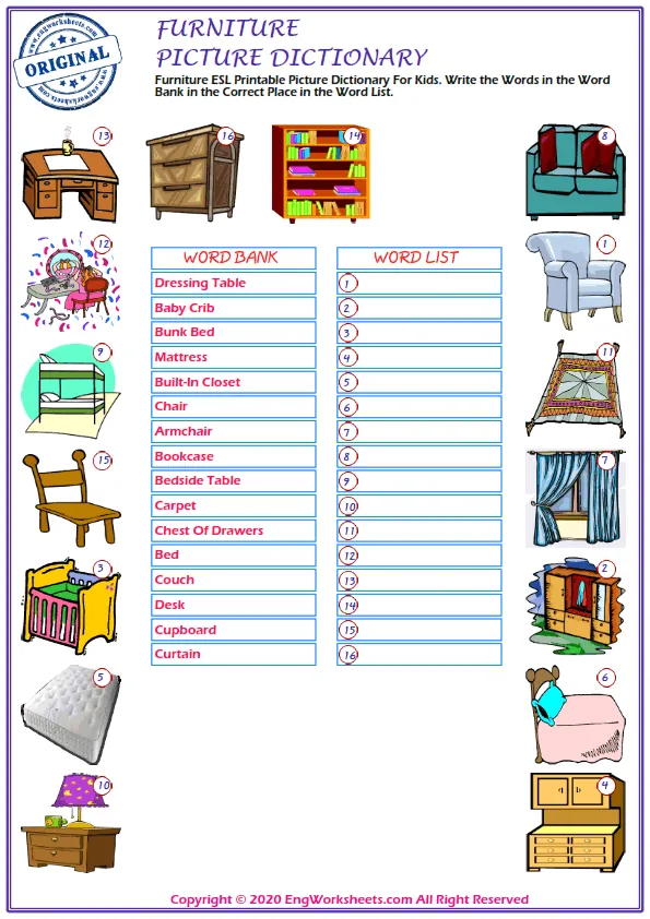 Furniture ESL Printable Picture Dictionary For Kids. Write the Words in the Word Bank in the Correct Place in the Word List. Worksheet Preview