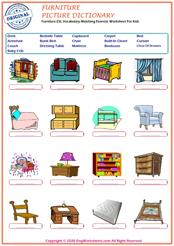 Furniture ESL Vocabulary Matching Exercise Worksheet For Kids Worksheet Preview