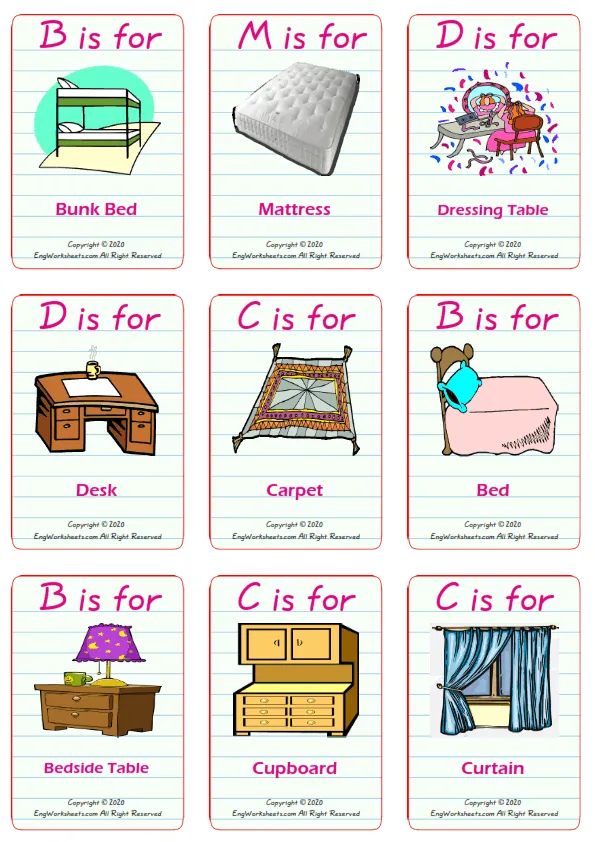 Furniture vocabulary worksheet with words, nine images per page Worksheet Preview