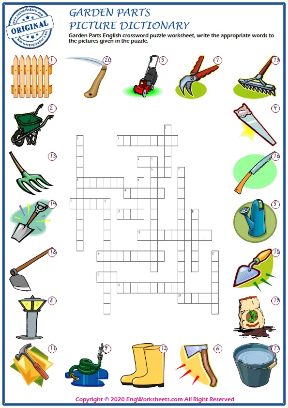 Garden Parts English crossword puzzle worksheet, write the appropriate words to the pictures given in the puzzle.