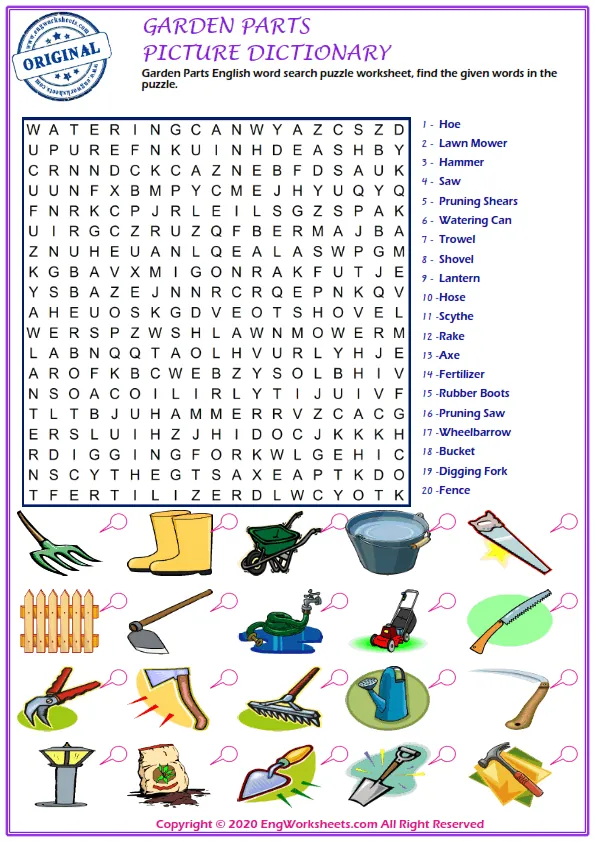 Garden Parts English word search puzzle worksheet, find the given words in the puzzle.