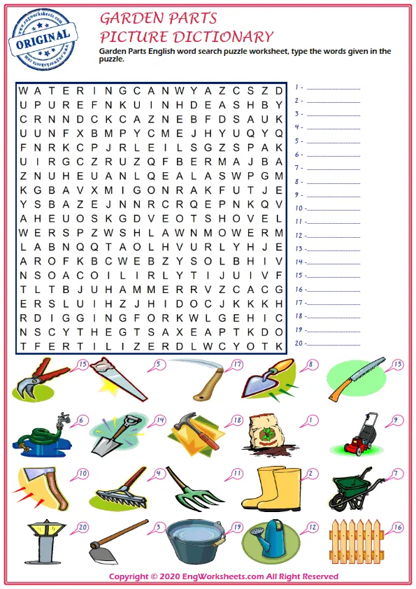 Garden Parts English word search puzzle worksheet, type the words given in the puzzle.