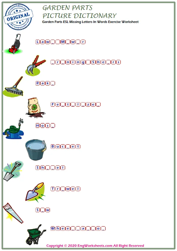 Garden Parts ESL Missing Letters In Words Exercise Worksheet Worksheet Preview