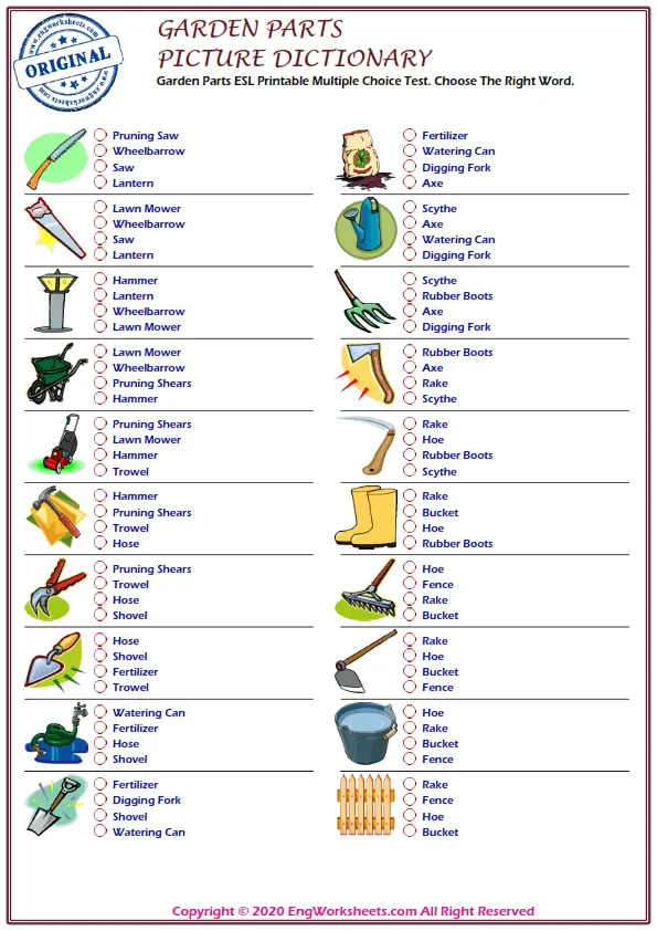 Garden Parts ESL Printable Multiple Choice Test. Choose The Right Word.