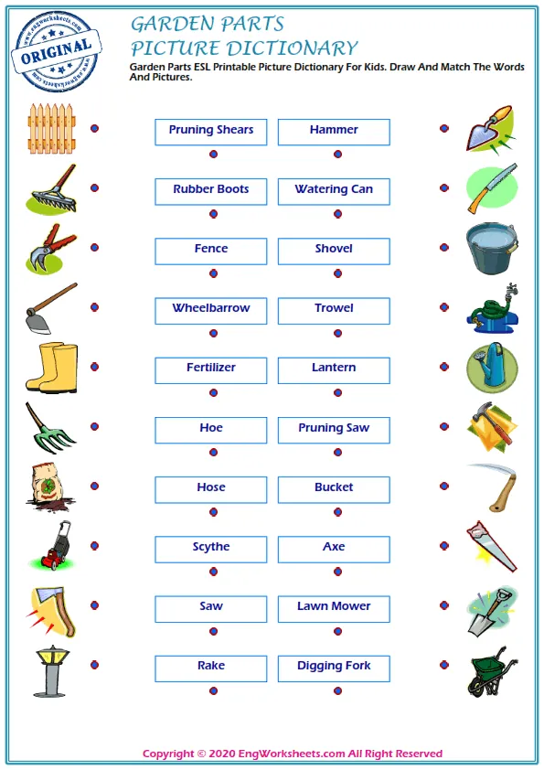 Garden Parts ESL Printable Picture Dictionary For Kids. Draw And Match The Words And Pictures.