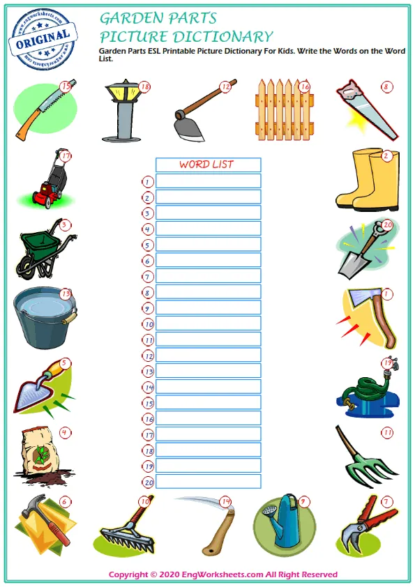 Garden Parts ESL Printable Picture Dictionary For Kids. Write the Words on the Word List.