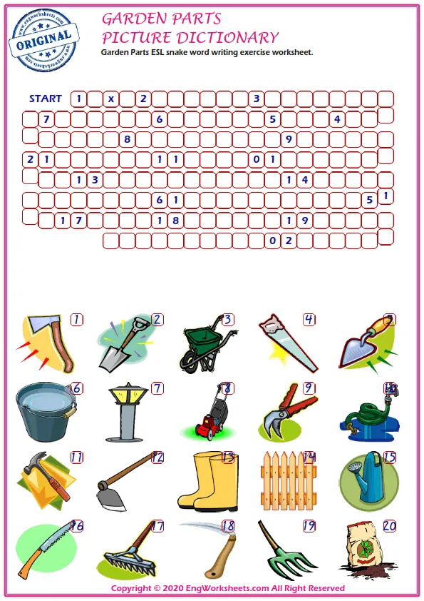 Garden Parts ESL snake word writing exercise worksheet.