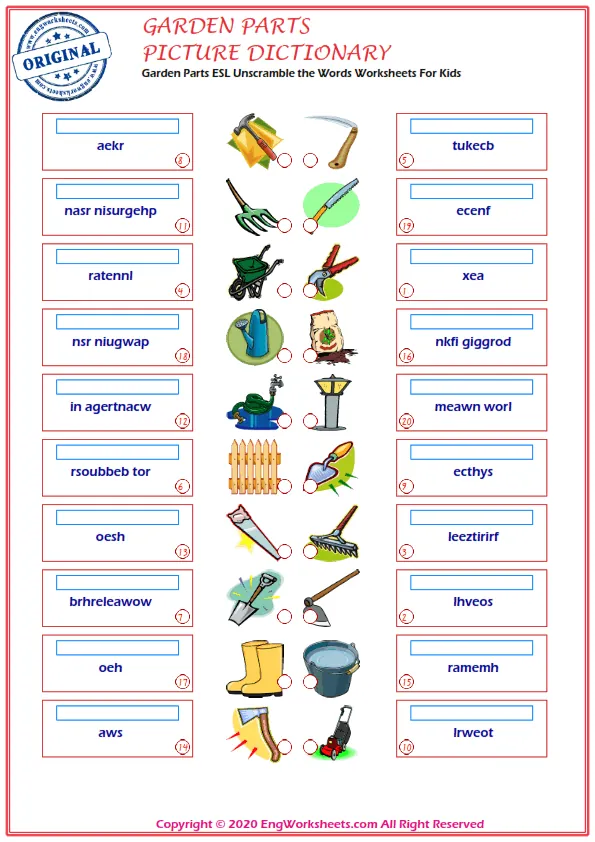 Garden Parts ESL Unscramble the Words Worksheets For Kids